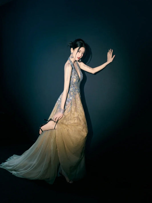 Ball Gown Halter Champagne Tulle Long Evening Prom Dresses Long Evening Formal Dress N271