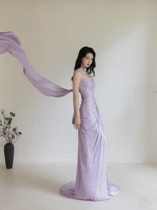 Charming Mermaid Strapless Lilac Slit Long Evening Prom Dresses Floor Length Evening Formal Dress N277