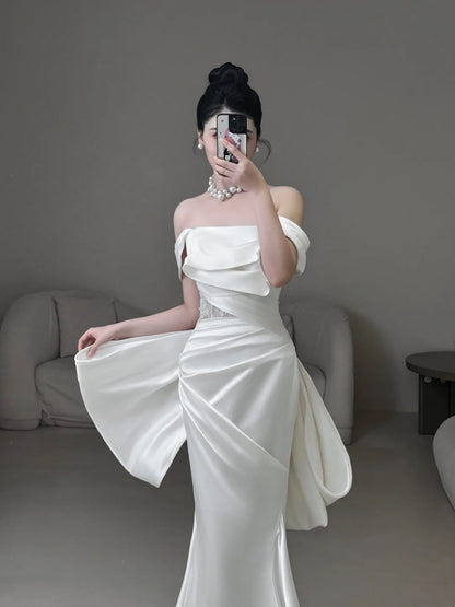 Classic Mermaid Wedding Dresses Off The Shoulder Satin White With Short Sleeves Brides Dress Summer Bridal Gowns N235