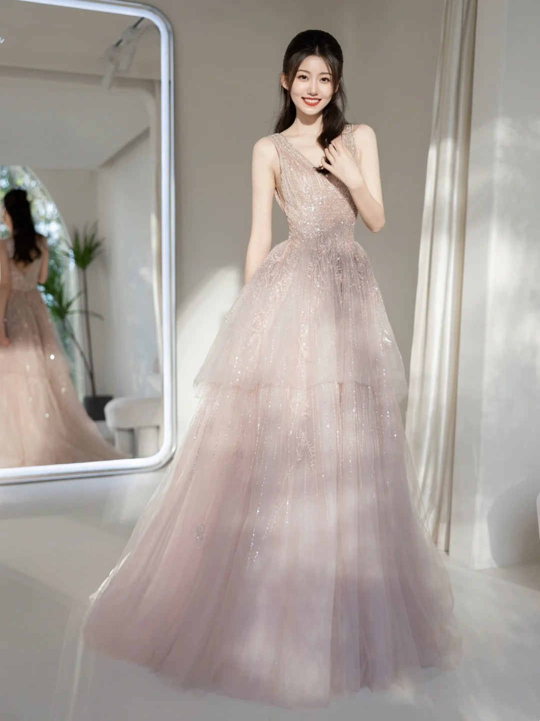 Cute Ball Gown Deep V Neck Pink Sequin Long Prom Dresses Impress 19th Birthday Outfits Prom Gown N236