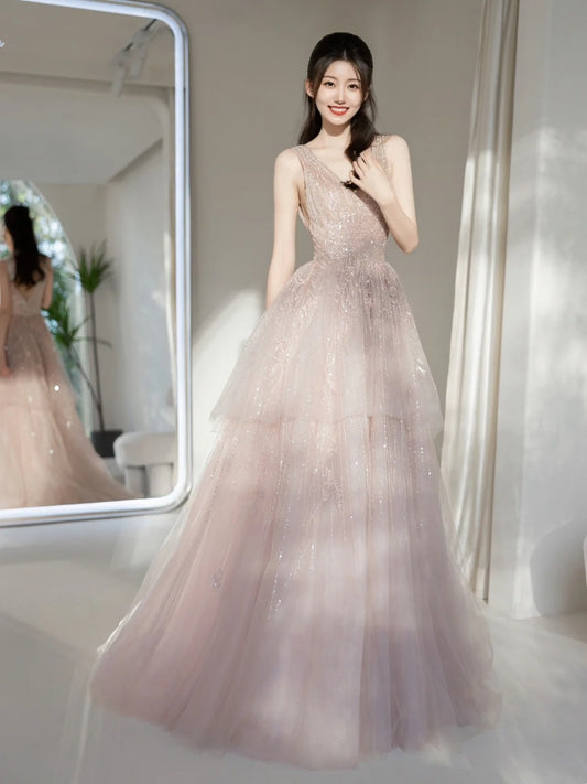 Cute Ball Gown Deep V Neck Pink Sequin Long Prom Dresses Impress 19th Birthday Outfits Prom Gown N236