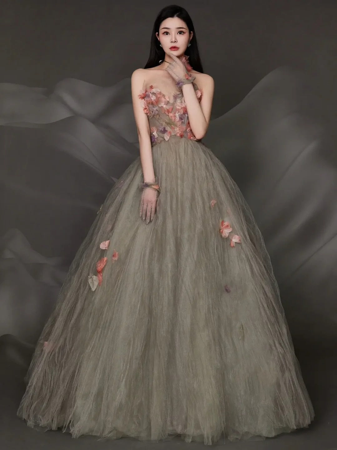 Charming Ball Gown Strapless Tulle Long Evening Prom Dresses Floor Length Evening Formal Dress N275