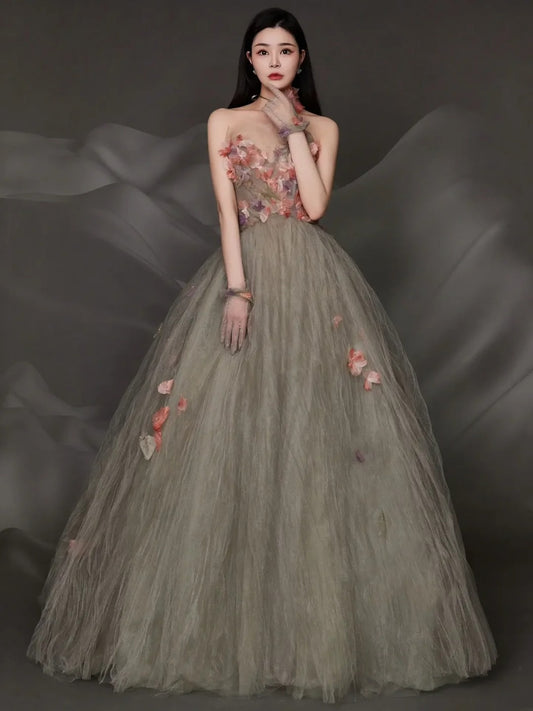 Charming Ball Gown Strapless Tulle Long Evening Prom Dresses Floor Length Evening Formal Dress N275