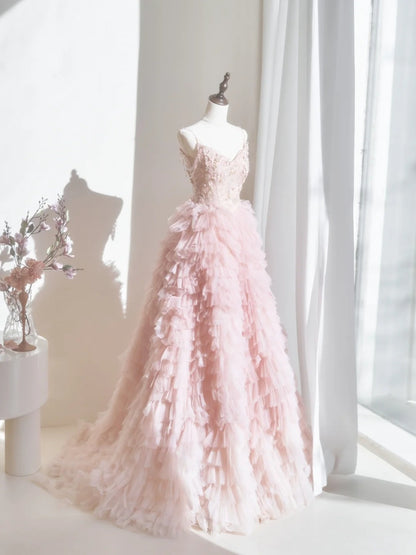 Cute Ball Gown Spaghetti Strap Blush Pink Tulle Long Prom Dresses Inspiration Evening Gowns Formal Party Prom Dress N235