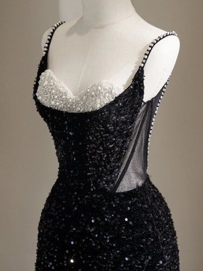 Glamour Mermaid Spaghetti Straps Black Sequin Long Prom Dresses Party Dress 20th Birthday Outfits Prom Gowns RB1511