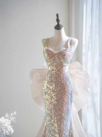 Sparkly Mermaid Square Neck Sequin Sleeveless Long Prom Dresses Prom Gowns Evening Dress A022