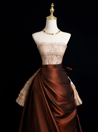 Modest Ball Gown Strapless Champagne Beaded Top Brown Skirt Long Evening Prom Dresses Long Evening Formal Dress N272