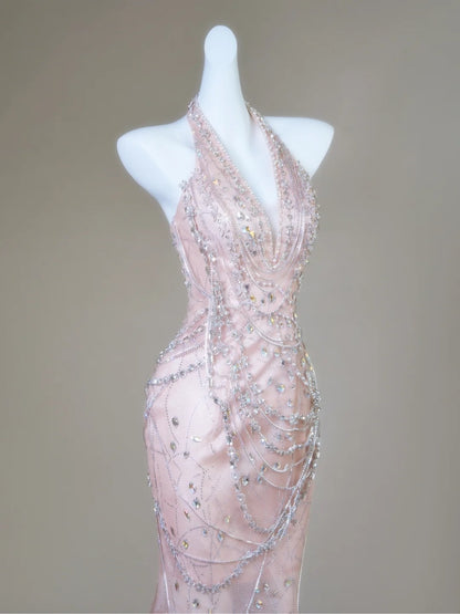 Classy Mermaid Halter Pink Sequin For Senior Teens Girls People Long Prom Dresses Formal Dress 20th Birthday Outfits N135