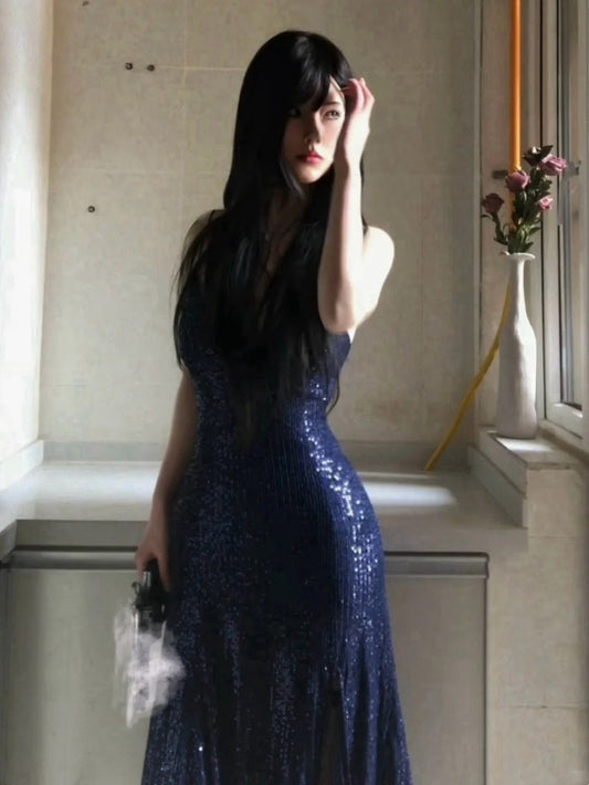 Sexy Navy Blue V-neck Lace-Up Mermaid Long Prom Dress with Slit Formal Dress AB1826