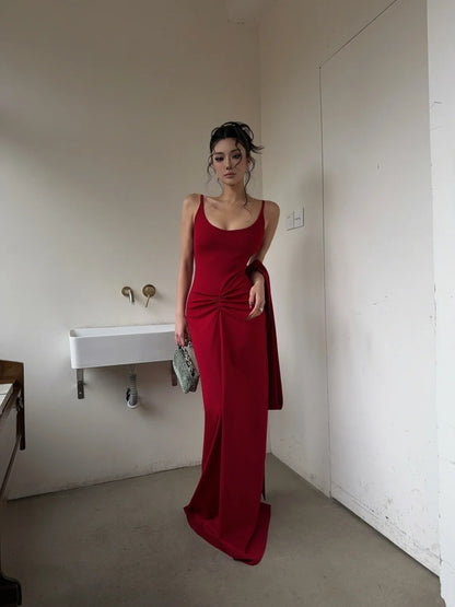 Unique Mermaid Spaghetti Strap Bright Red With Scarf Long Prom Dresses Inspiration Birthday Gowns Formal Evening Dress N464