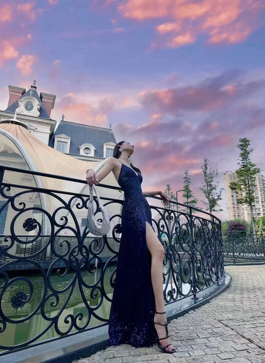 Sexy Navy Blue V-neck Lace-Up Mermaid Long Prom Dress with Slit AB640