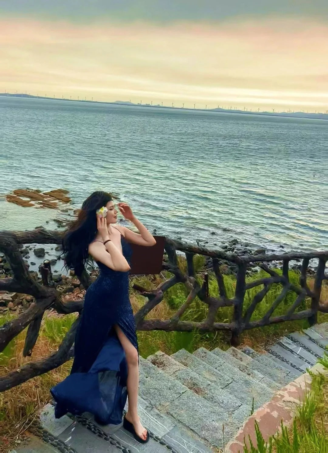 Sexy Navy Blue V-neck Lace-Up Mermaid Long Prom Dress with Slit AB640