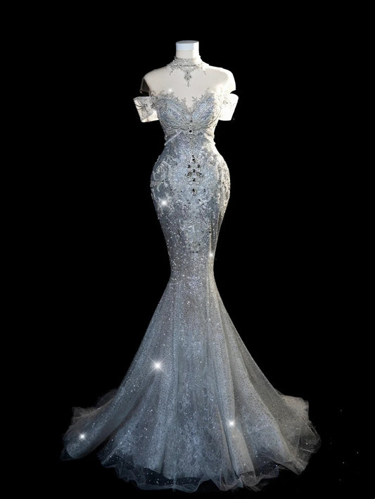 Fairytale Fantasy Art Wedding Dresses Mermaid Off The Shoulder Sequin With Beaded Bodice Long Brides Dress Fitted Bridal Gown N674