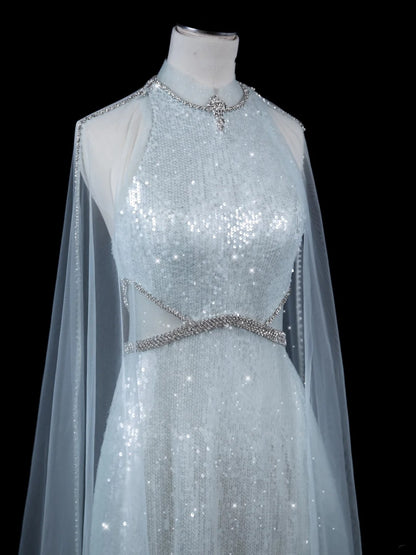 Elegnt A line High Neck Light Sky Blue Sequined Long Prom Dress Fashion Aesthetic High School Formal Dresses Party Outfits Gown N688