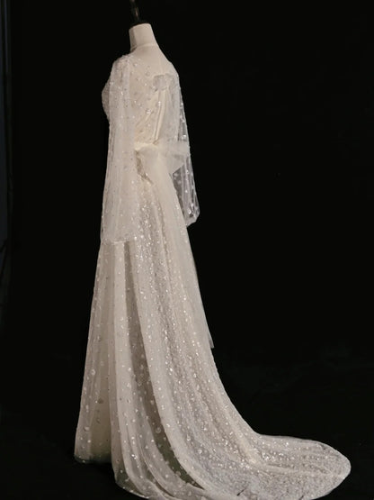 Classic A line Wedding Dresses Scoop Neck Sequin White With Long Sleeves Brides Dress Sequin Bridal Gowns N243