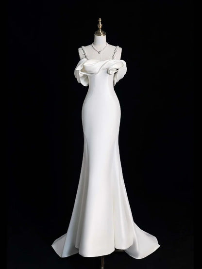 Modest Mermaid Sweetheart With Straps Sleeves White Satin Wedding Dress Long Fairytale Autumn Wedding Dresses N514