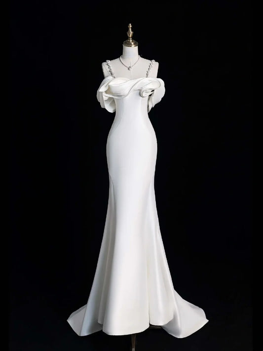 Modest Mermaid Sweetheart With Straps Sleeves White Satin Wedding Dress Long Fairytale Autumn Wedding Dresses N514