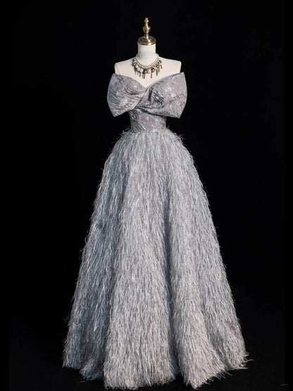 Princess Ball Gown Sweetheart Grey With Bow Feathers Tulle Long Formal Evening Dress Gowns Formal Prom Dresses N751