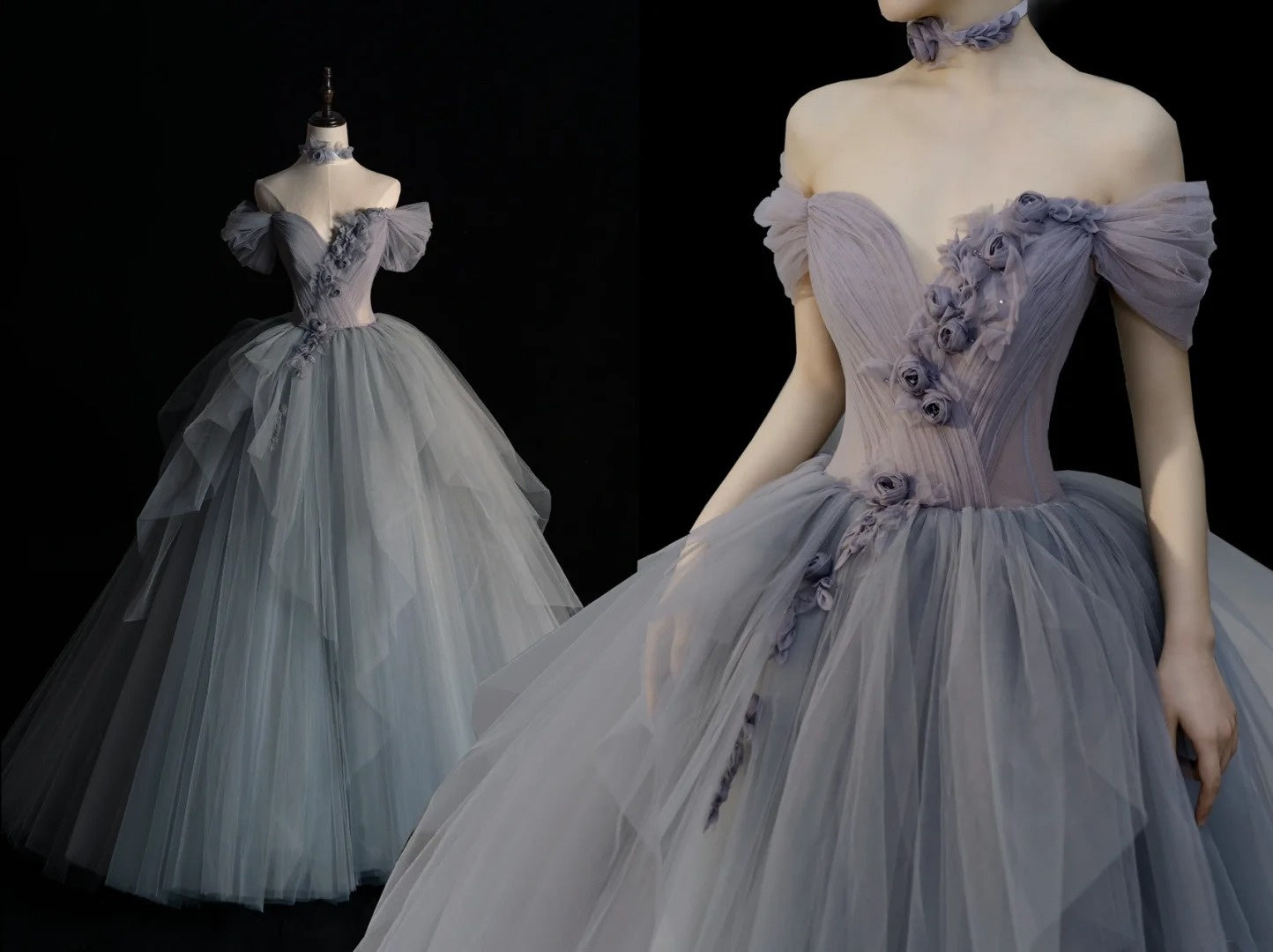 Modest Ball Gown Off The Shoulder Silver Tulle Prom Dresses Inspiration Party Gowns Princess Formal Dress N1280