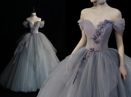 Modest Ball Gown Off The Shoulder Silver Tulle Prom Dresses Inspiration Party Gowns Princess Formal Dress N1280