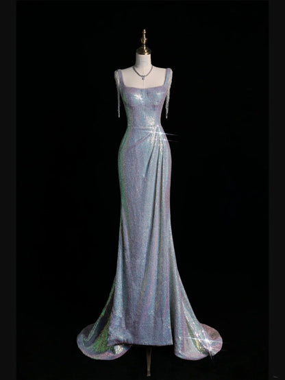 New Mermaid Square Neck Sequins Silver Long Prom Dresses For High School Teens Girls Formal Bridesmaid Dress N1074