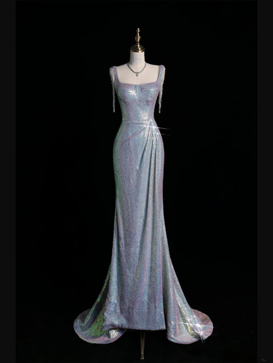 New Mermaid Square Neck Sequins Silver Long Prom Dresses For High School Teens Girls Formal Bridesmaid Dress N1074