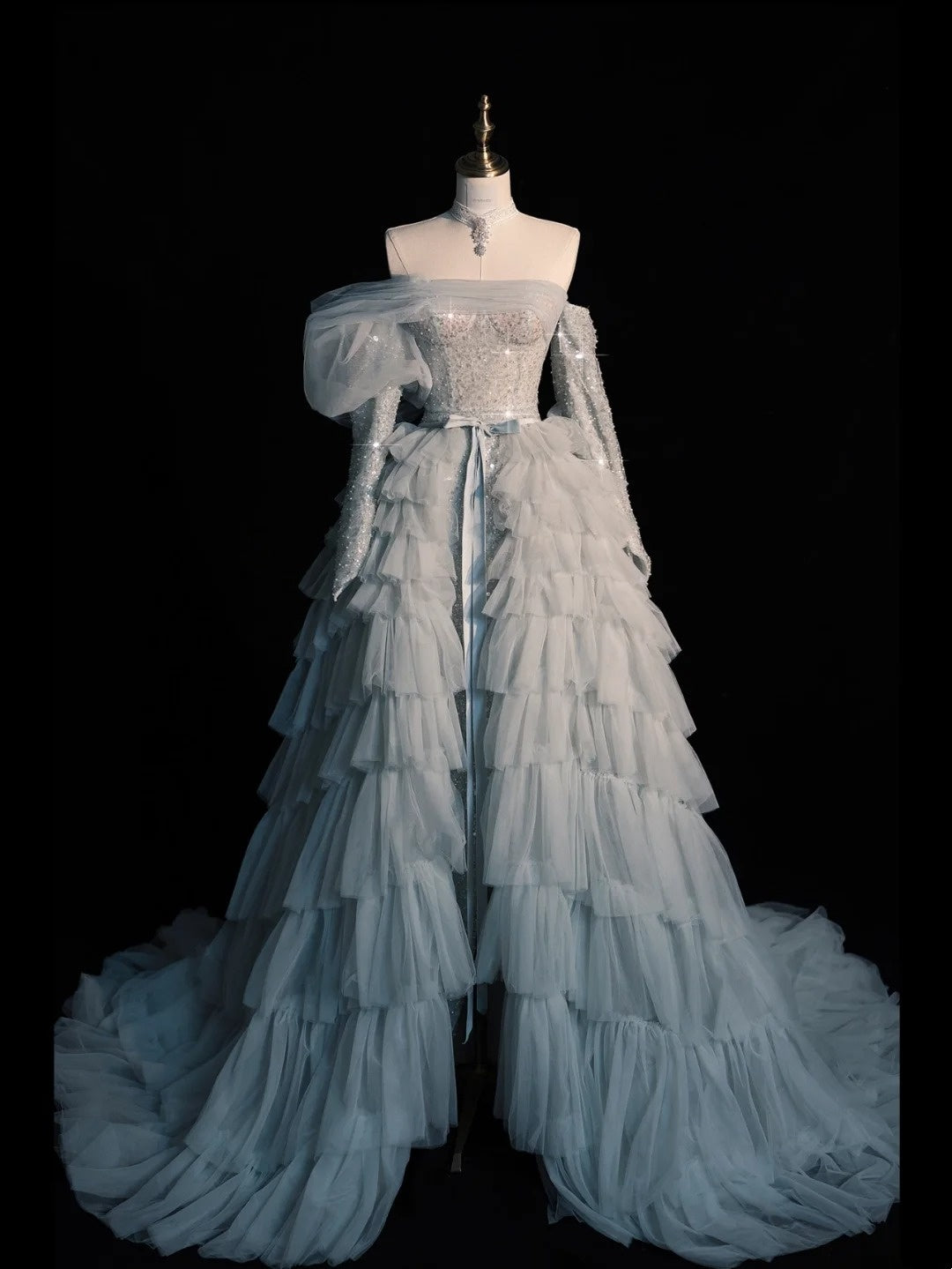 Modest Ball Gown Off The Shoulder Blue Tulle With Tiered Layers College Formal Outfits Long Prom Inspo Graduation Dresses N1224