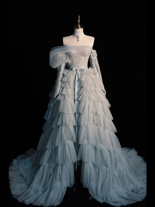 Modest Ball Gown Off The Shoulder Blue Tulle With Tiered Layers College Formal Outfits Long Prom Inspo Graduation Dresses N1224