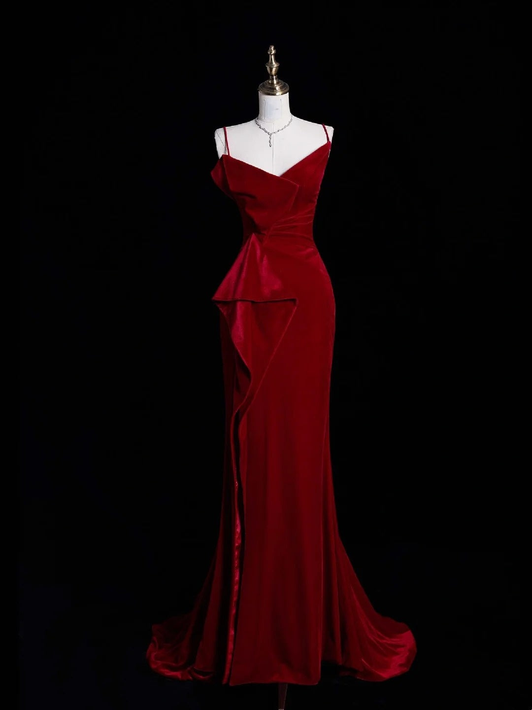Modest Mermaid Spaghetti Straps Red Velvet Prom Dresses Inspiration Prom Dress Princess Graduation Dress B357