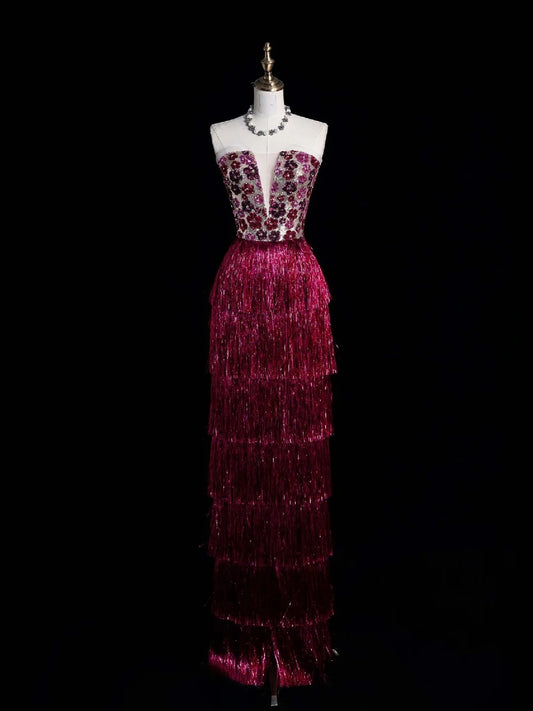 Charming Sheath Strapless Pink Sequins With Tassels Long Prom Dresses Evening Outfits Formal Dress N1073
