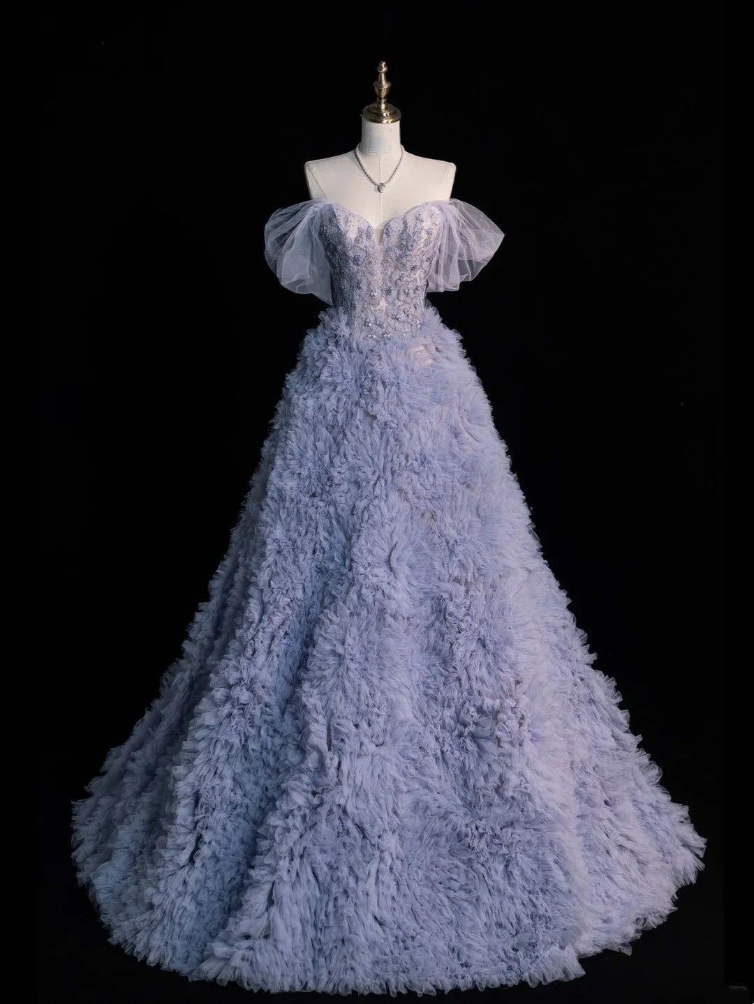 Princess Ball Gown Off The Shoulder Dusty Blue With Appliqued Tulle Long Formal Evening Dress Gowns Formal Prom Dresses N752