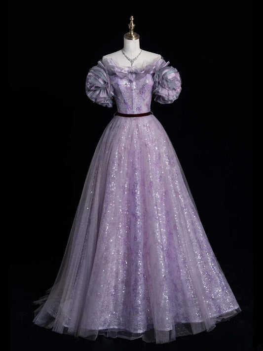 Elegant Ball Gown Off The Shoulder Lilac Sequin Tulle Long Prom Dresses For Teens Evening Outfits Formal Dress N1089