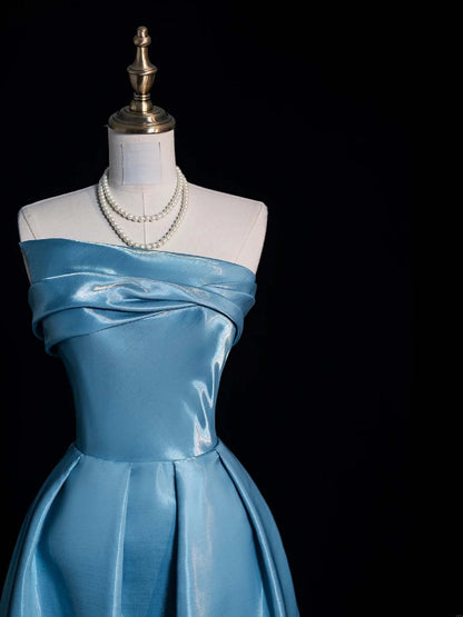 Gorgeous A Line Strapless Blue Satin Long Formal Evening Dress Gowns Prom Dresses N740