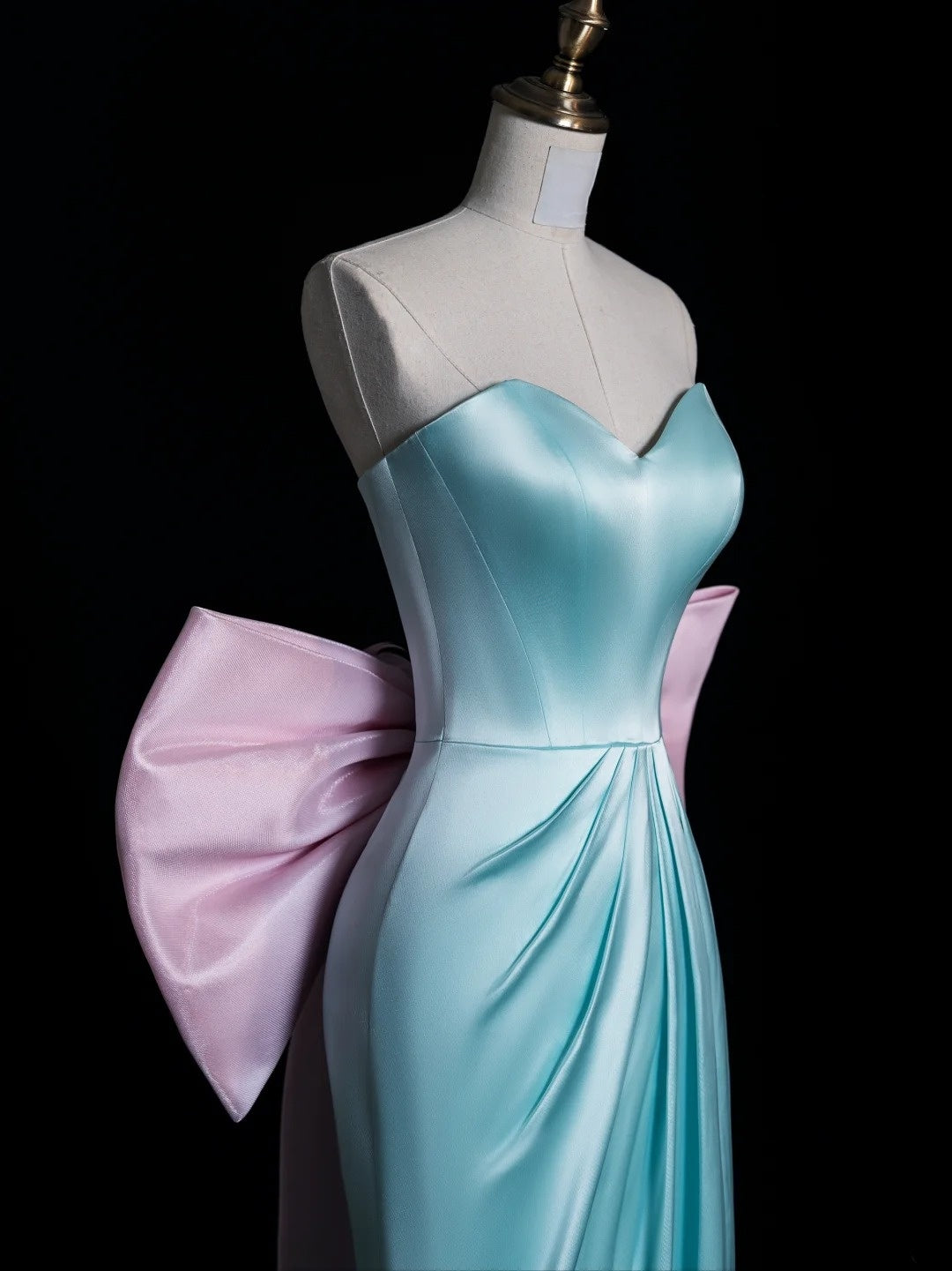 Stunning A line Sweetheart Blue Satin With Bow-knot Prom Dresses Inspiration Evening Dress Princess Graduation Gown N1080