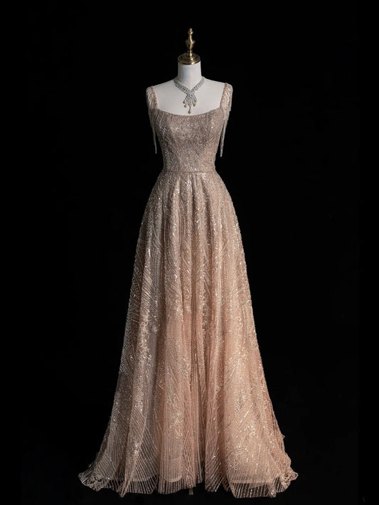 Beautiful Ball Gown Square Neck Champagne Sequins Long Prom Dresses Inspiration Evening Gowns Formal Dress N1226