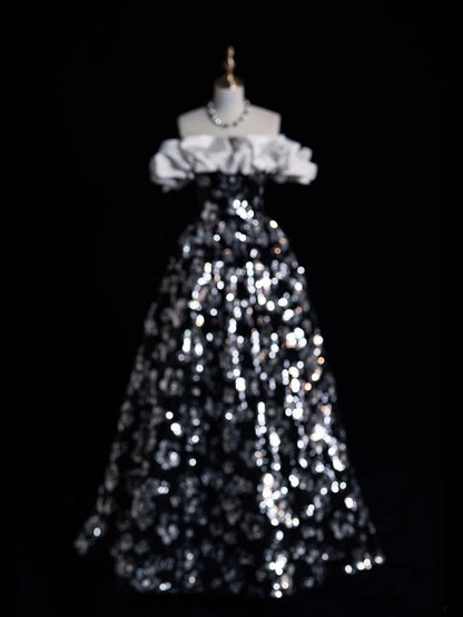 Modest Ball Gown Off The Shoulder Black Floral Sequin College Formal Sweet 16 Outfit Long Prom Dresses For Teens N1166