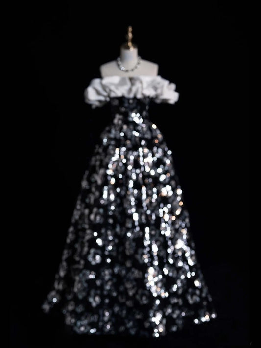 Modest Ball Gown Off The Shoulder Black Floral Sequin College Formal Sweet 16 Outfit Long Prom Dresses For Teens N1166