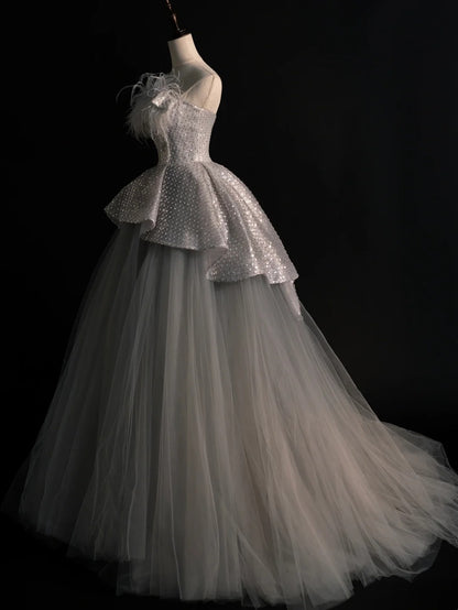 Modest Ball Gown Strapless Sequin Gray Tulle Long Prom Dresses For High School Teens Girls Formal Bridesmaid Dress N1069