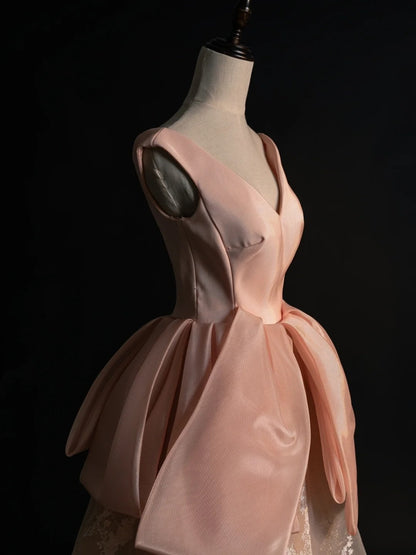 Princess Ball Gown V Neck Blush Pink Satin College Formal Outfit Prom Graduation Dresses For Teens N1345