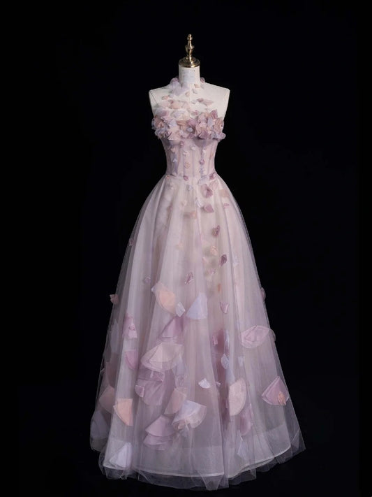 Elegnt Ball Gown High Neck Pink Tulle Long Prom Dress Fashion Aesthetic High School Formal Dresses Party Outfits Gown N684