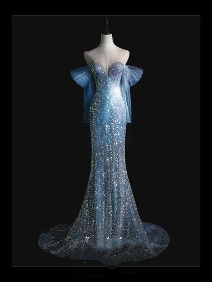 Beautiful Mermaid Off The Shoulder Light Sky Blue Sequin Long Prom Dresses Formal Gowns Inspo Evening Outfit N245