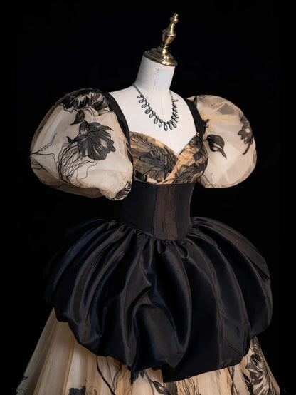 Modest Ball Gown Sweetheart With Puffy Short Sleeves Black Floral Long Prom Dress For Women Girls Evening Dresses N652