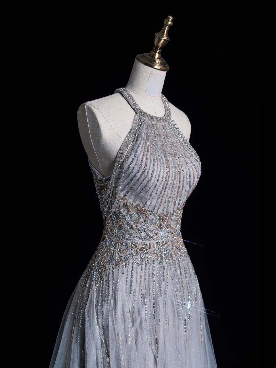 Chic A line Halter Silver Gray Sequins Senior Prom dresses High School Long Formal Dresses N1270