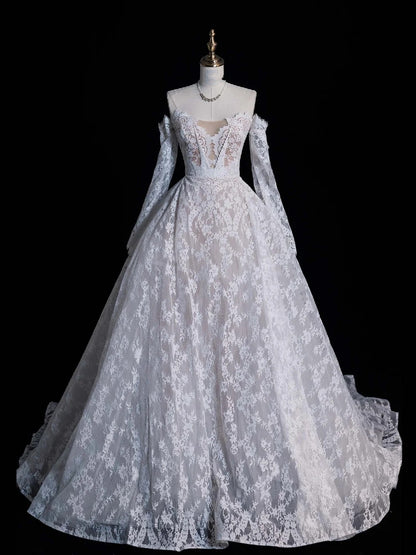 Fairytale Fantasy Art Wedding Dresses Ball Gown Sweetheart Lace White With Long Sleeves Train Brides Dress Fitted Bridal Gowns N651