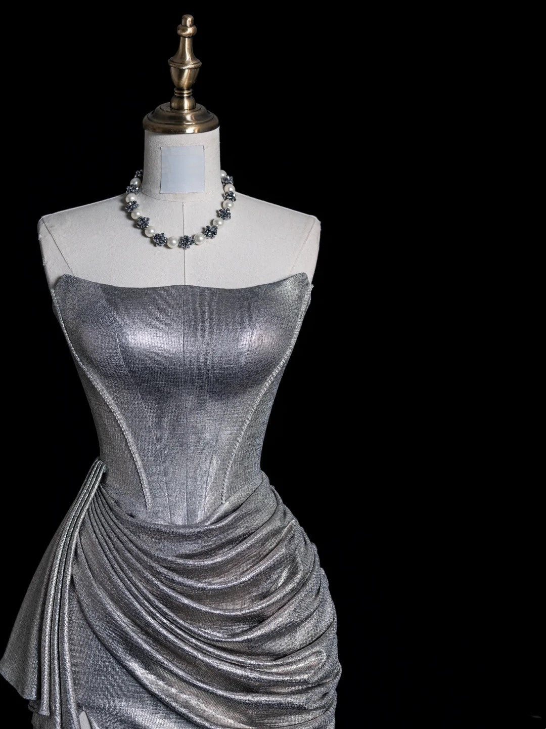 Whimsical Mermaid Strapless Silver Gray Sequin Pleated Bodice Long Prom Dresses Night Formal Dress N611