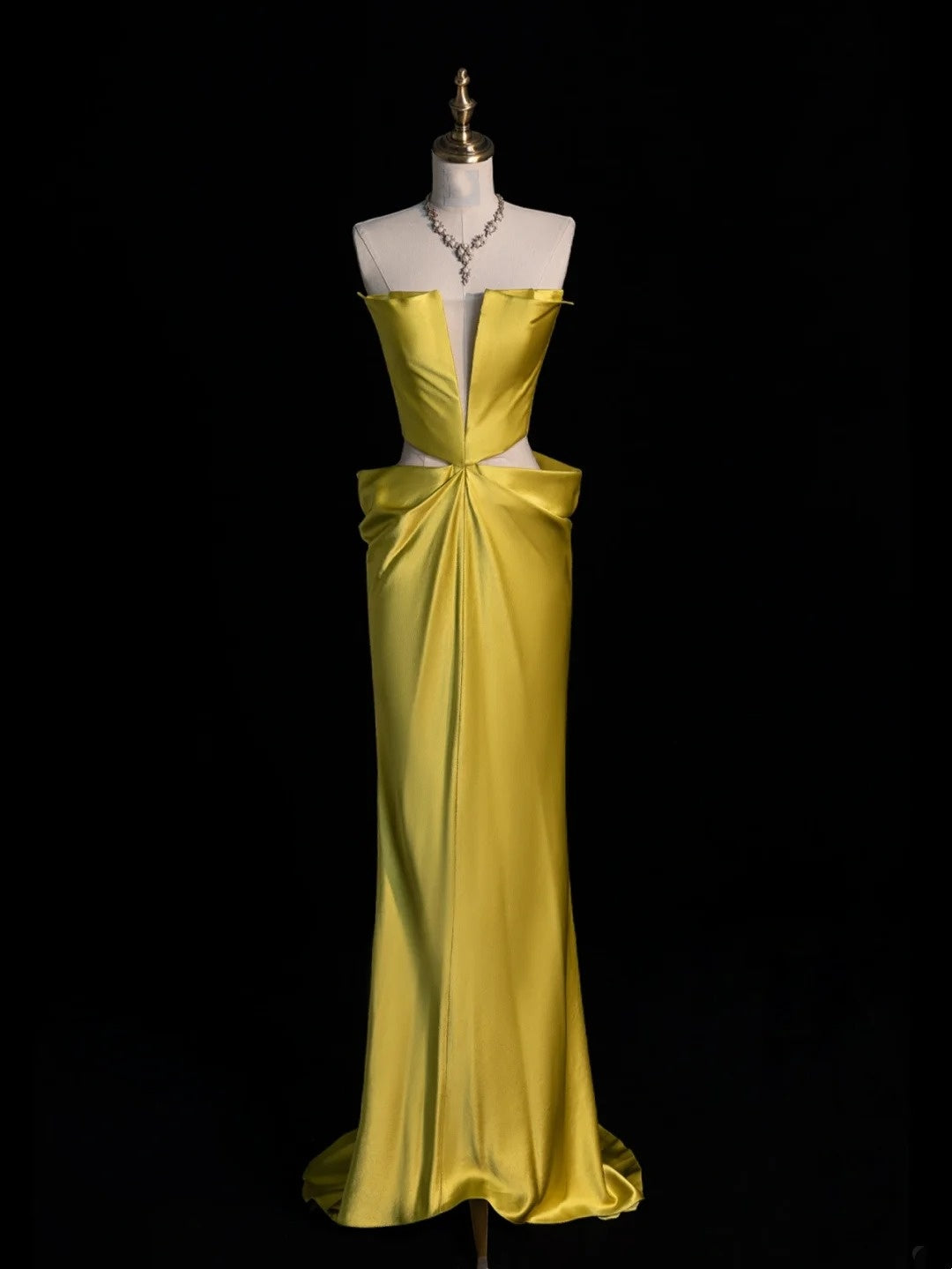 Modest Mermaid Strapless Yellow Satin Sleeveless Senior 80s Prom Dresses High School Long Formal Dress N1339