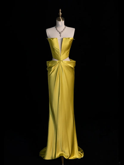 Modest Mermaid Strapless Yellow Satin Sleeveless Senior 80s Prom Dresses High School Long Formal Dress N1339