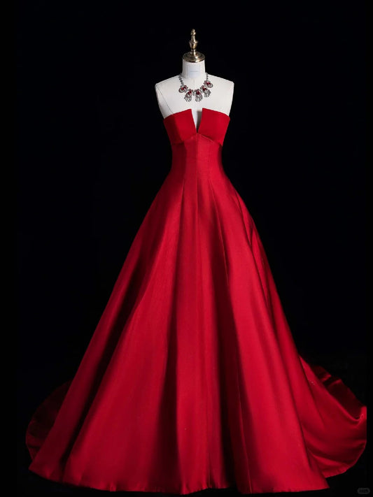 Modest Ball Gown Strapless Red Pleated Ruffles Long Prom Dresses Night Semi Formal Dress N691