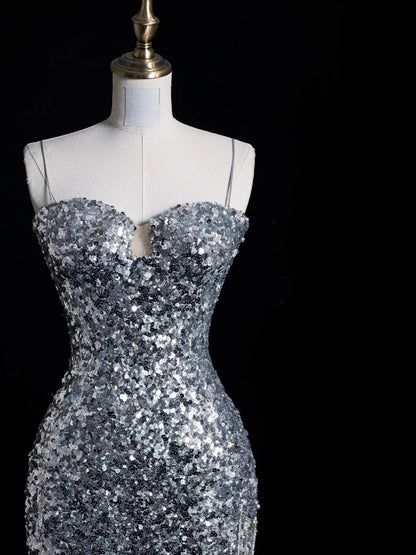 Chic Mermaid Spaghetti Strap Silver Gray Sequins Senior Prom dresses High School Long Formal Dresses N1269