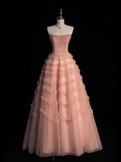 Cute Ball Gown Strapless Blush Pink Tulle Senior Prom Dresses High School Long Formal Dress N1273